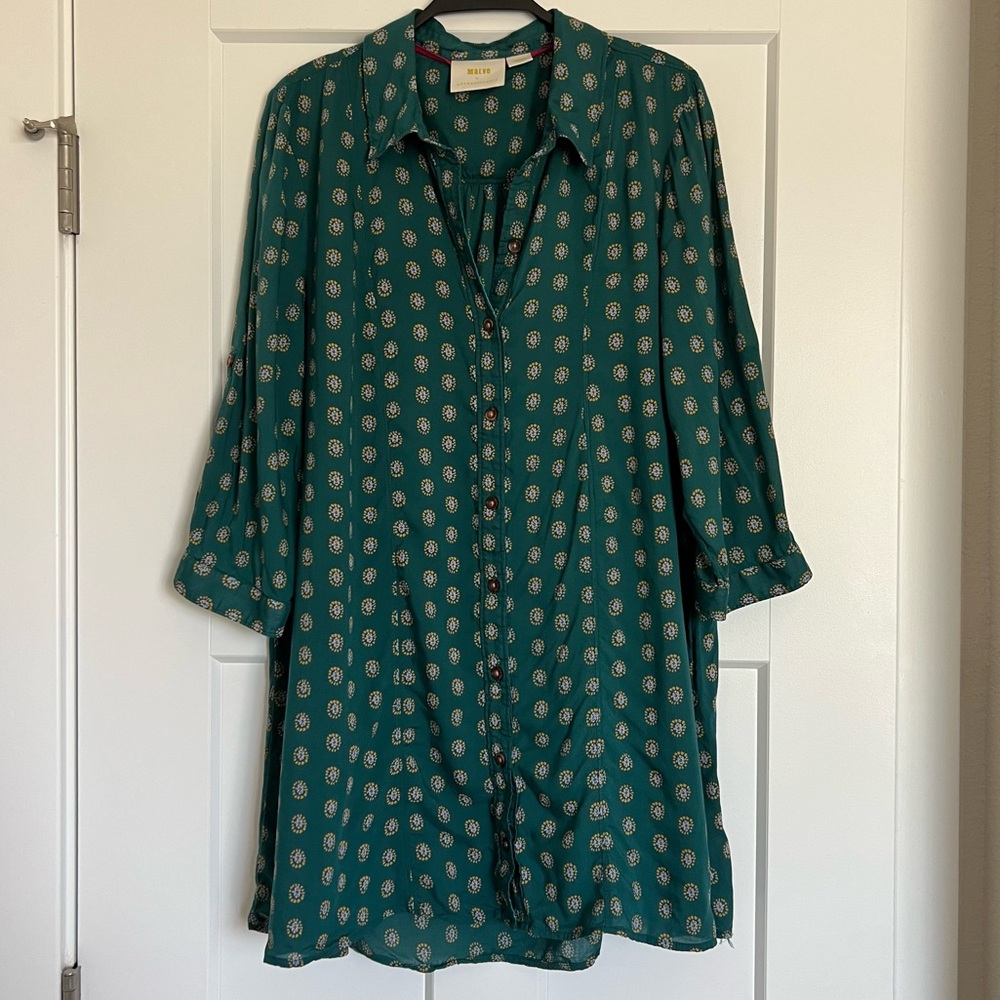 SOLD Maeve by Anthropologie Monika Green Printed Tunic / Mini Dress | Size Large